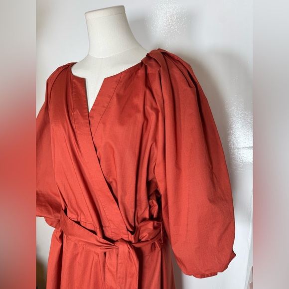 Banana Republic Rust Orange Blouson Cotton Puff Sleeves Wrap Dress Size XL - Picture 4 of 12